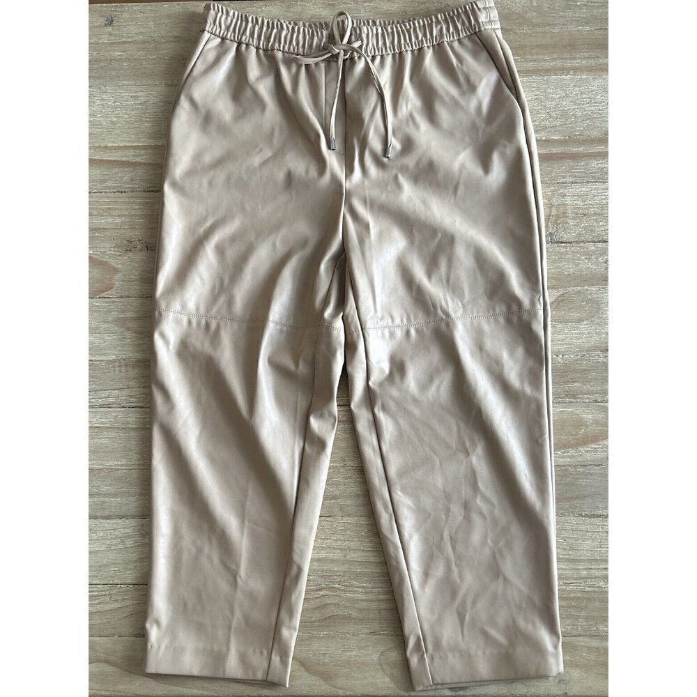 Calvin Klein Pants Vegan Faux Leather Ankle Cropped Nude Tan Drawstring Waist